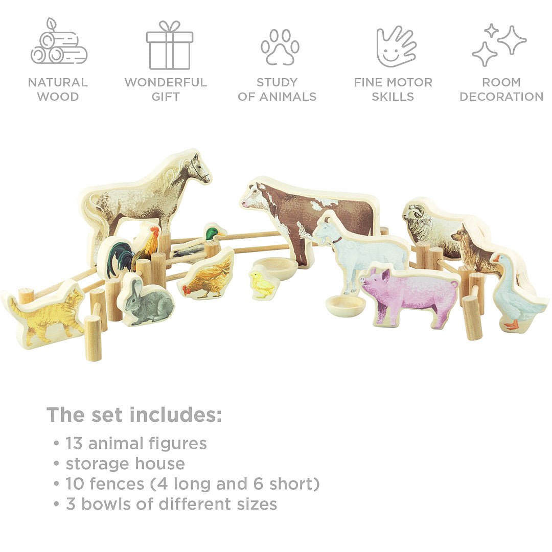 Wooden set "Farm" with animal figures 13 pcs