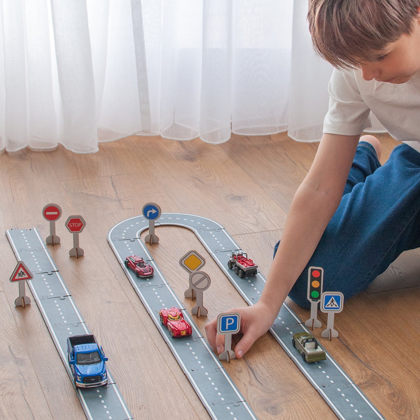 Wooden puzzle road additional elements and traffic signs