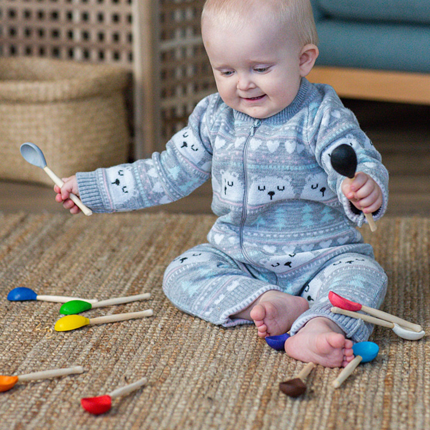 Set Colored Spoons 12 pcs Montessori Toy Wooden Sorter Game