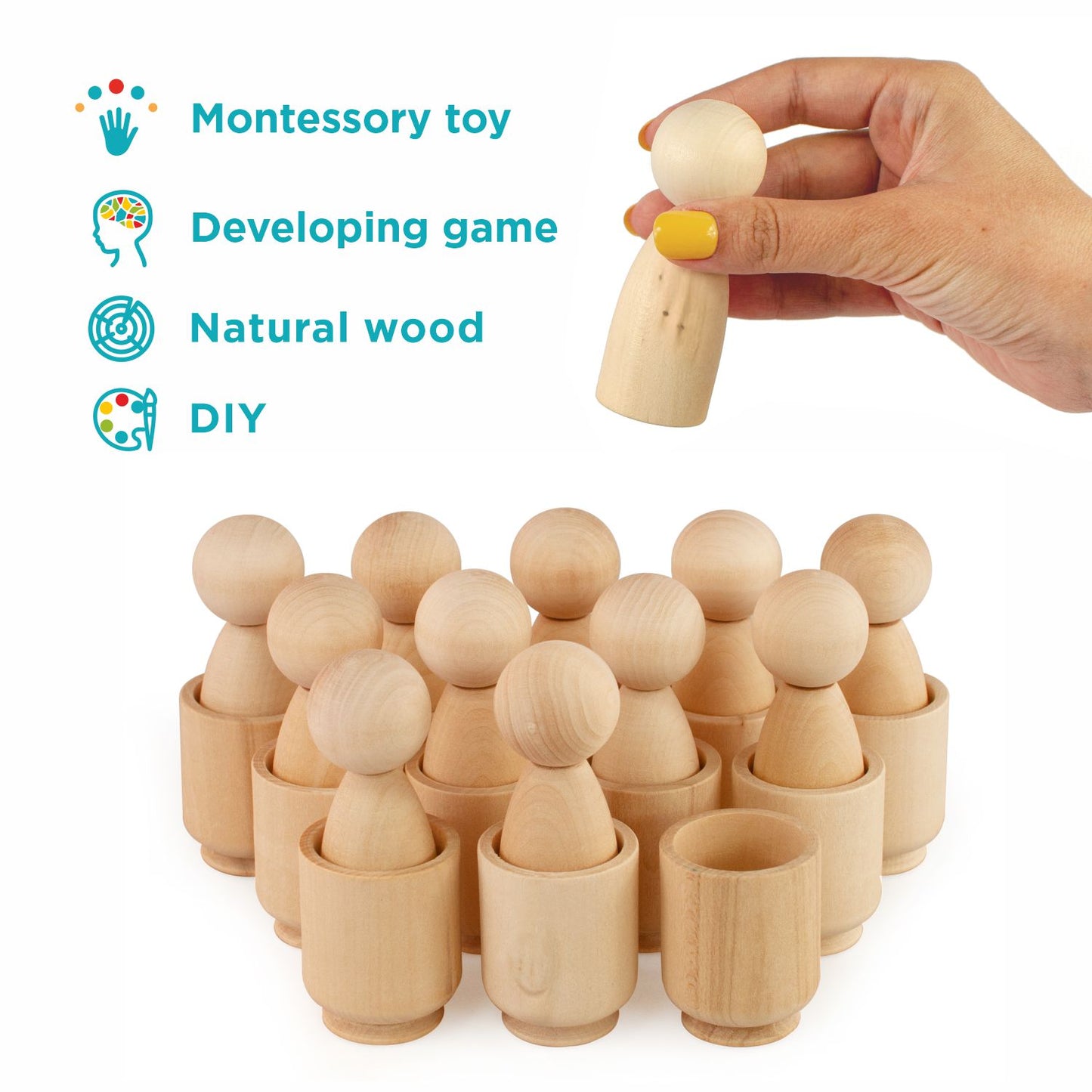 DIY Unpainted Peg Dolls in Cups Montessori Toy Wooden Sorter Game