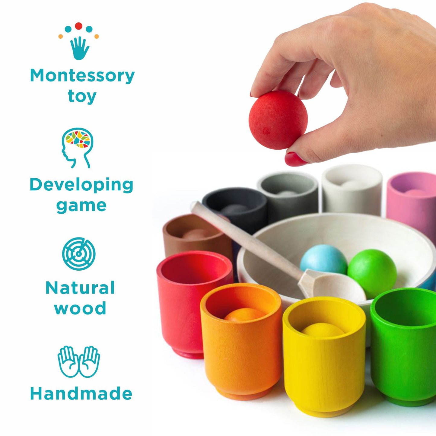 Balls in Cups Large Montessori Toy Wooden Sorter Game 12 Balls 35 mm