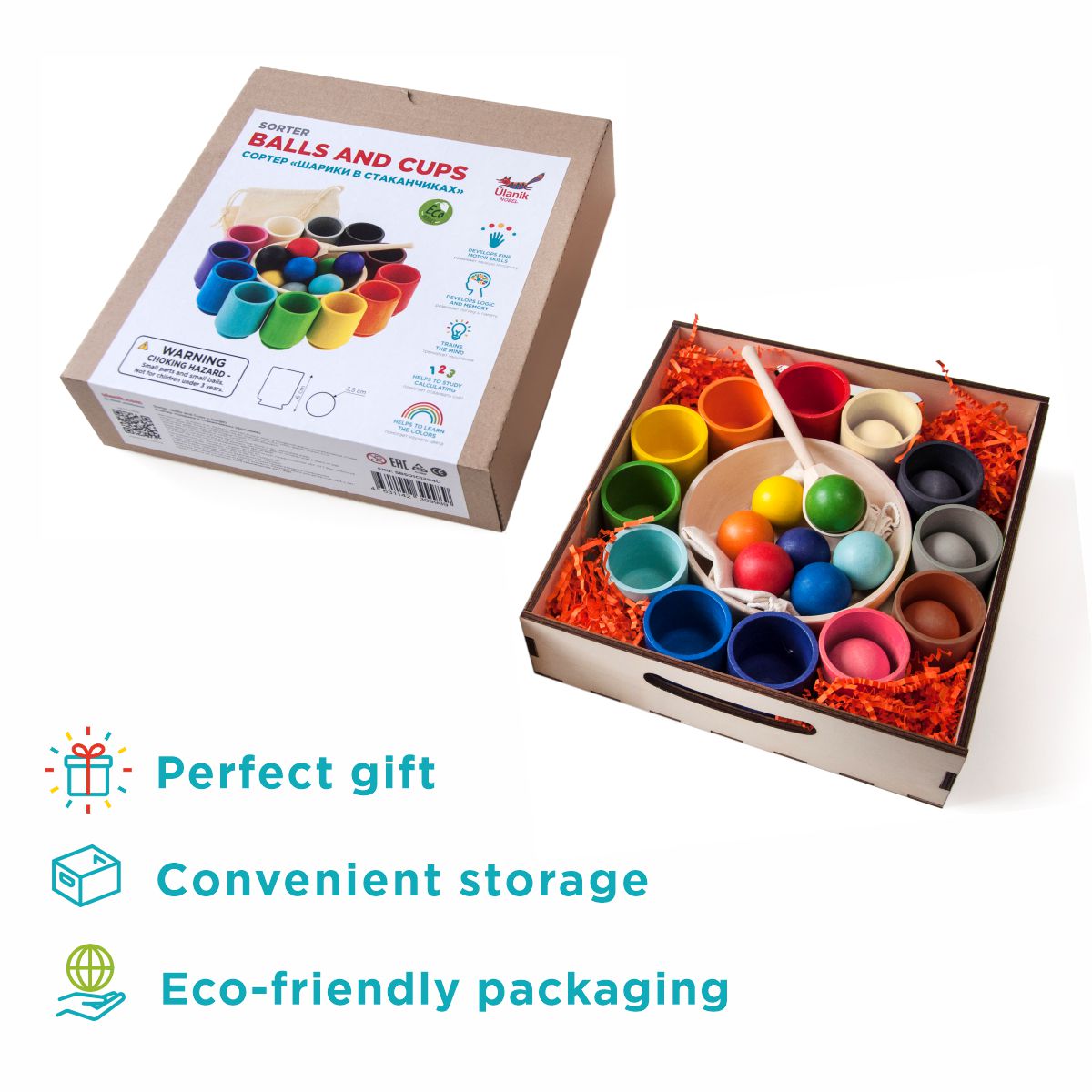 Balls in Cups Large Montessori Toy Wooden Sorter Game 12 Balls 35 mm