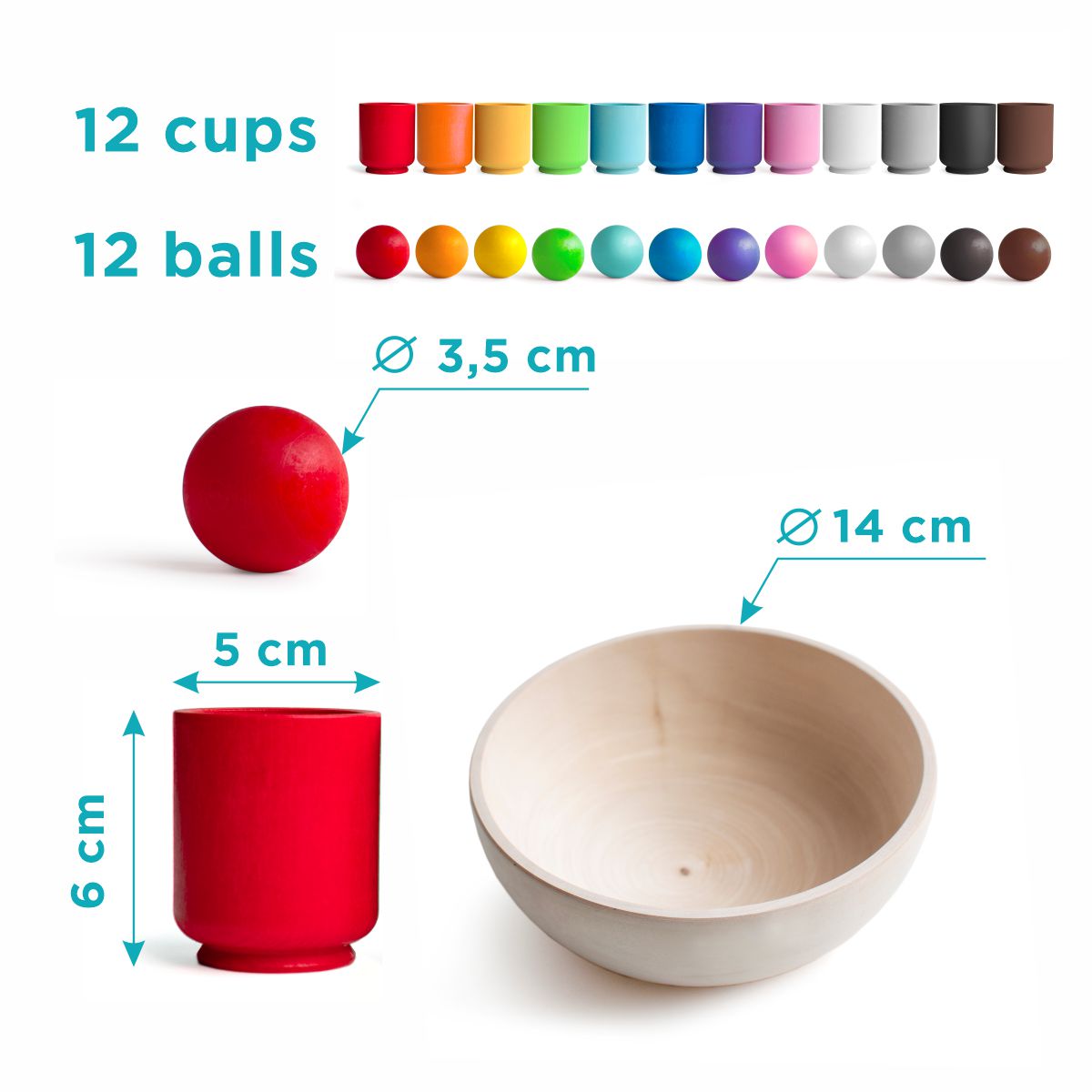 Balls in Cups Large Montessori Toy Wooden Sorter Game 12 Balls 35 mm