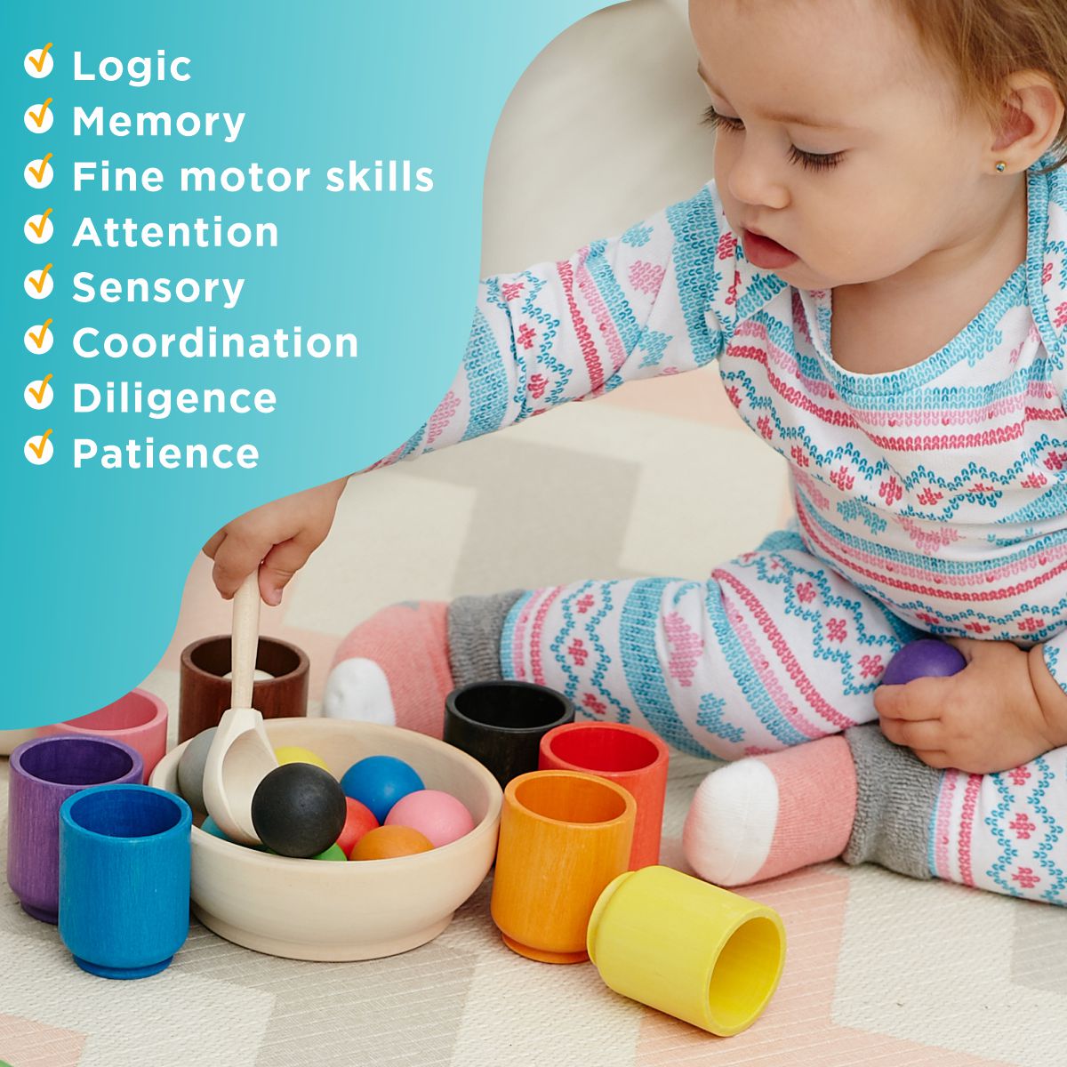 Balls in Cups Large Montessori Toy Wooden Sorter Game 12 Balls 35 mm