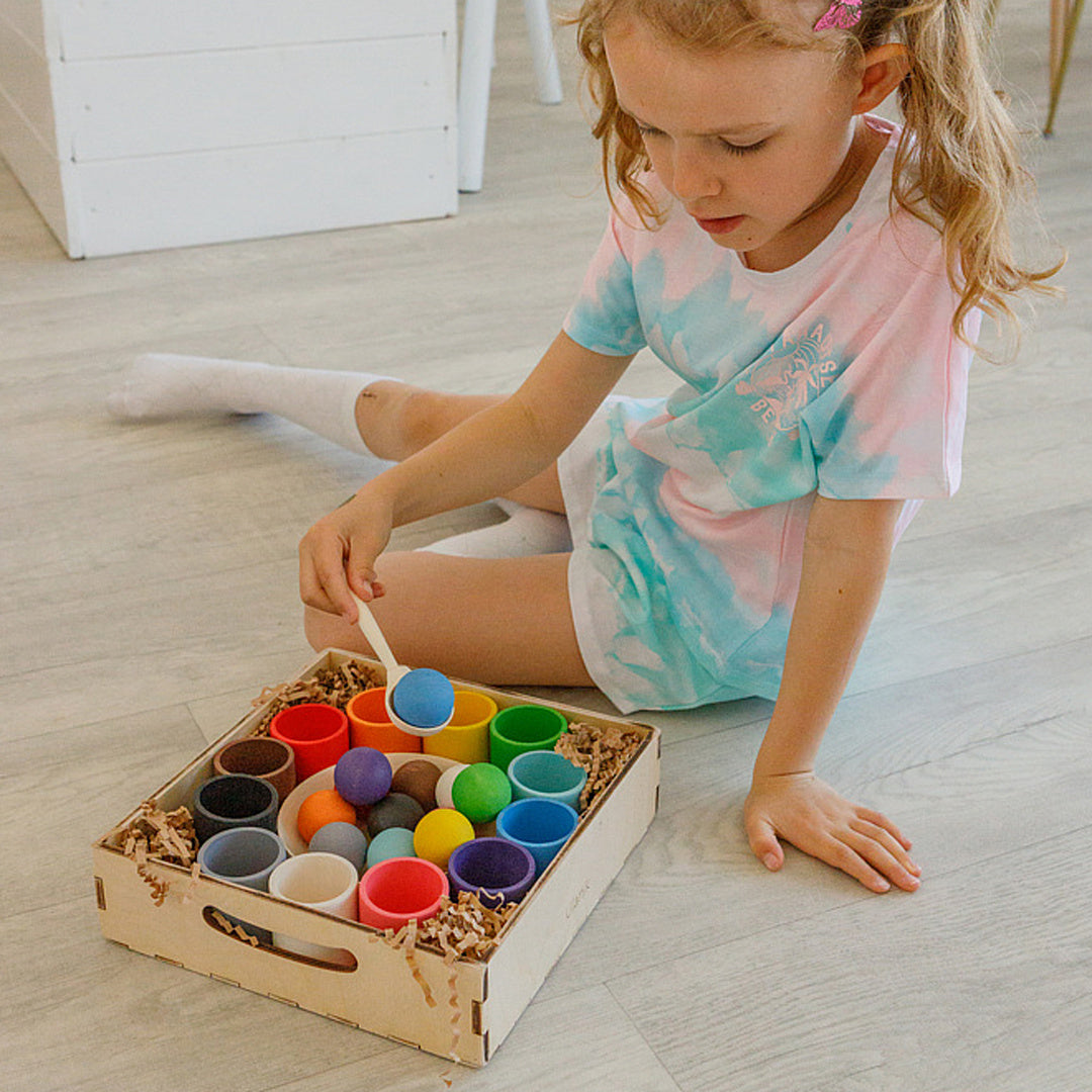 Balls in Cups Large Montessori Toy Wooden Sorter Game 12 Balls 35 mm
