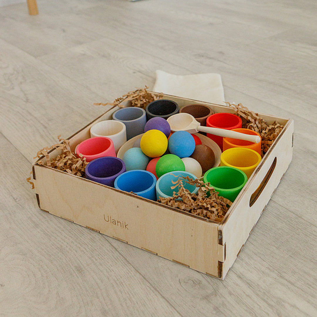 Balls in Cups Large Montessori Toy Wooden Sorter Game 12 Balls 35 mm
