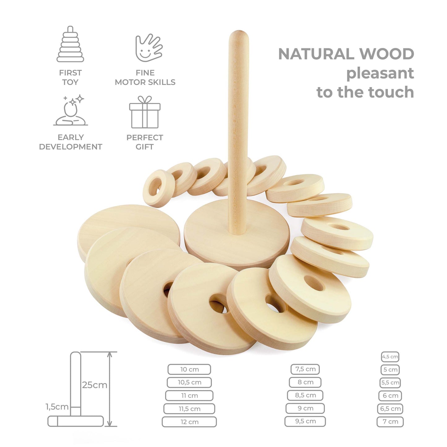 DIY Unfinished Rings Stacker Montessori Toy Wooden Stacking Rings 15 pcs 26 cm