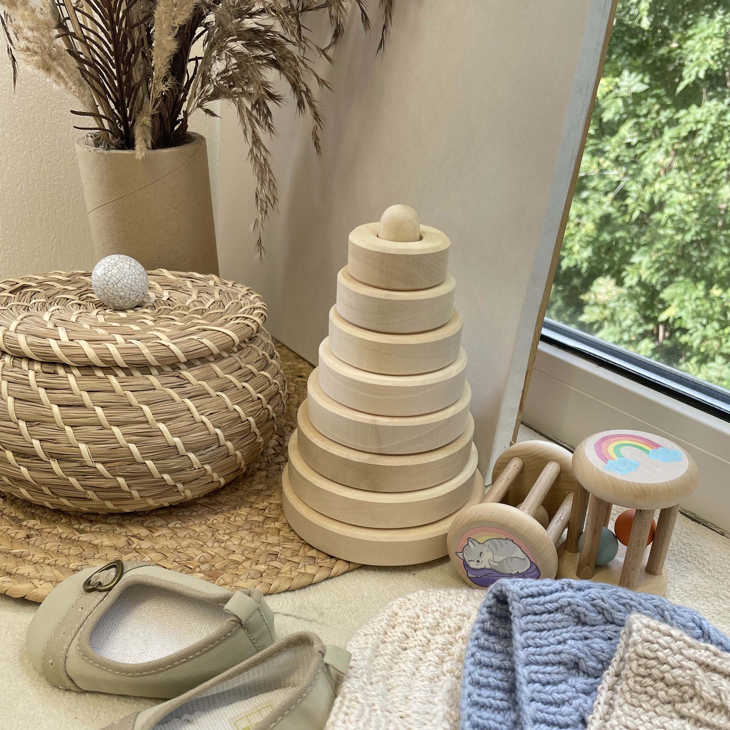 DIY Unfinished Rings Stacker Montessori Toy Wooden Stacking Rings 7 pcs 17 cm