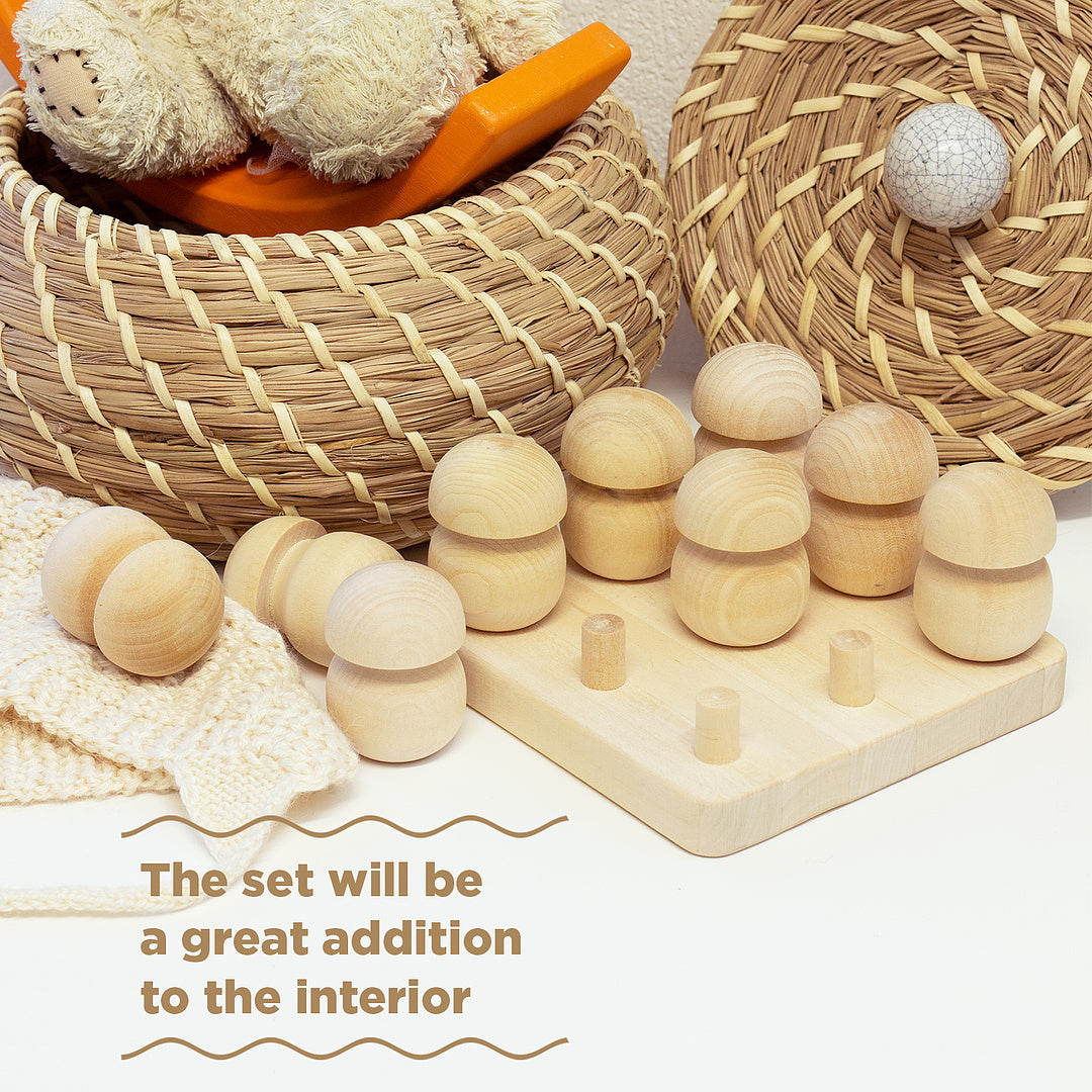 DIY 9 pcs Unfinished Wooden Mushrooms Set on a Stand Unpainted Montessori Toy