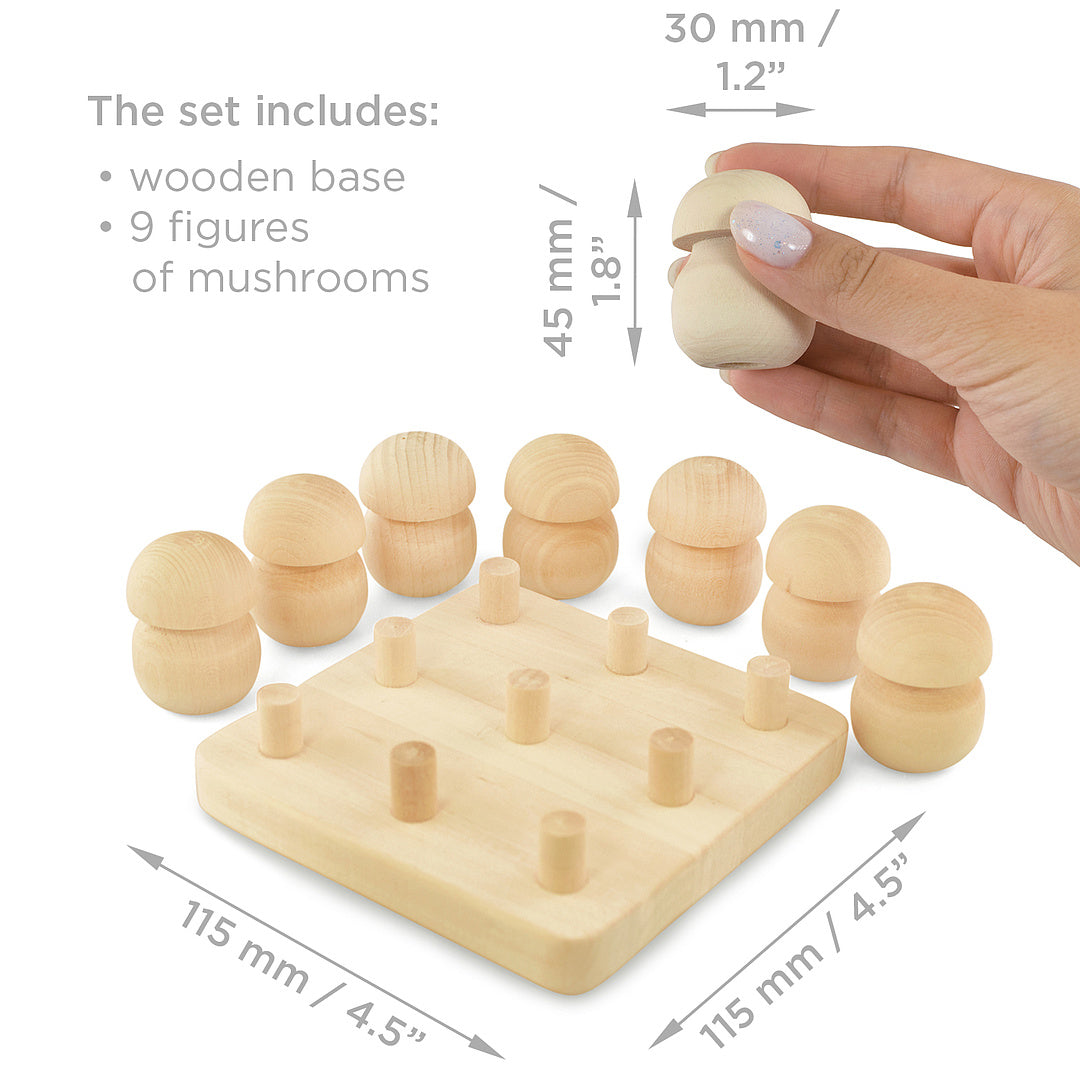 DIY 9 pcs Unfinished Wooden Mushrooms Set on a Stand Unpainted Montessori Toy
