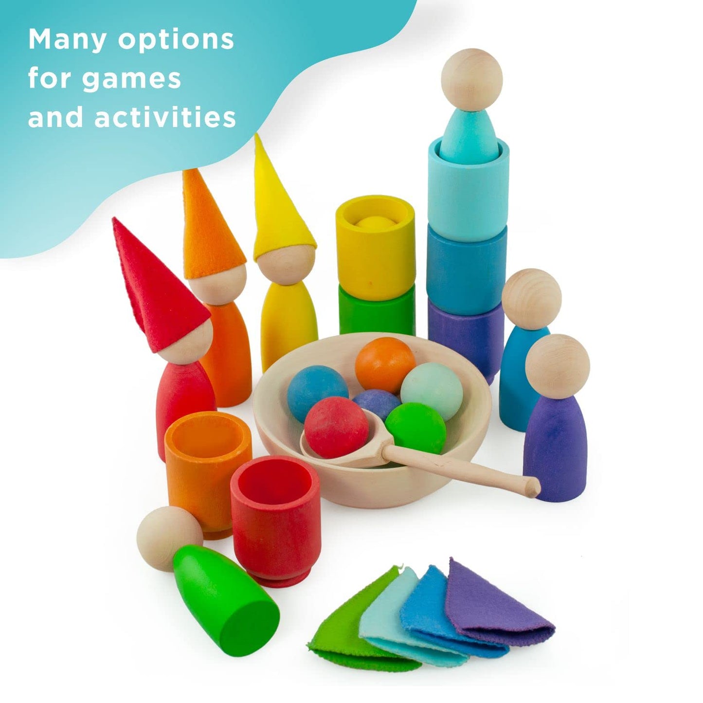 Rainbow Large Peg Dolls and Small Balls in Cups - 7 Gnomes
