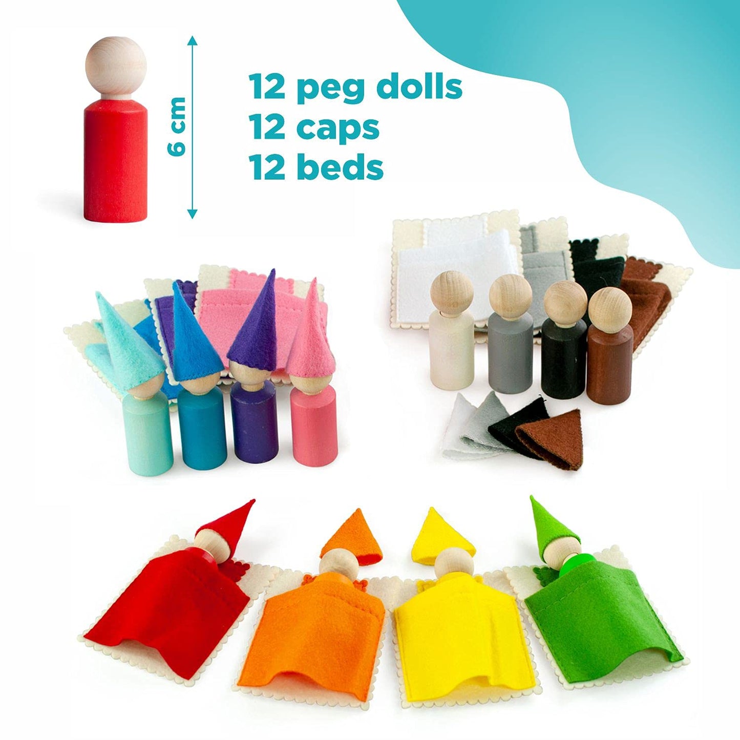 Small Peg Dolls with Hats and Beds - 12 Gnomes