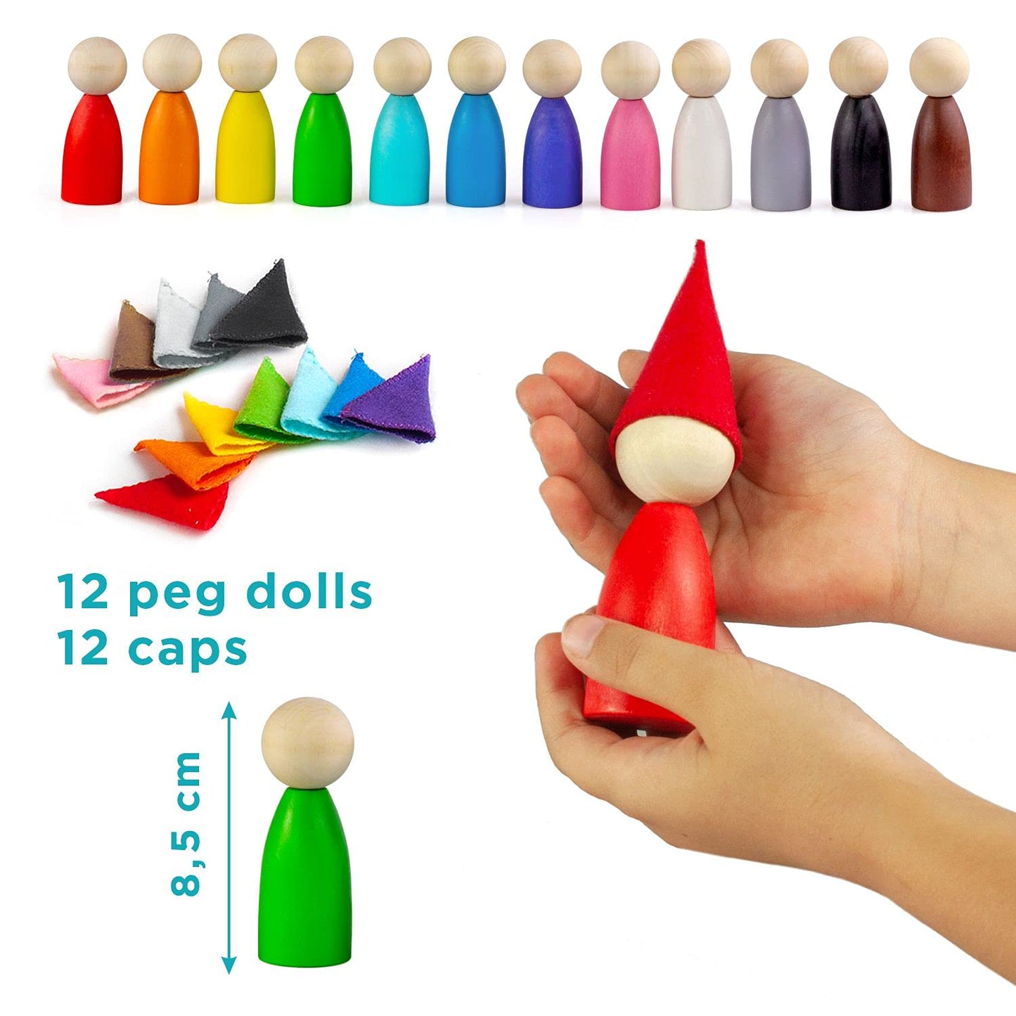 Large Peg Dolls with Hats - 12 Gnomes (2 Edition)