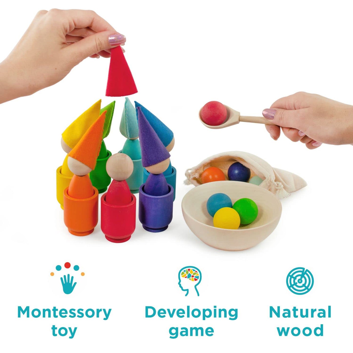Rainbow Large Peg Dolls and Small Balls in Cups - 7 Gnomes