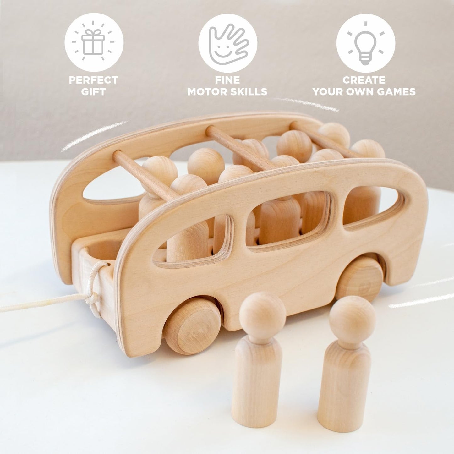 Small Peg Dolls in Bus Pull Along Toy - 12 Gnomes