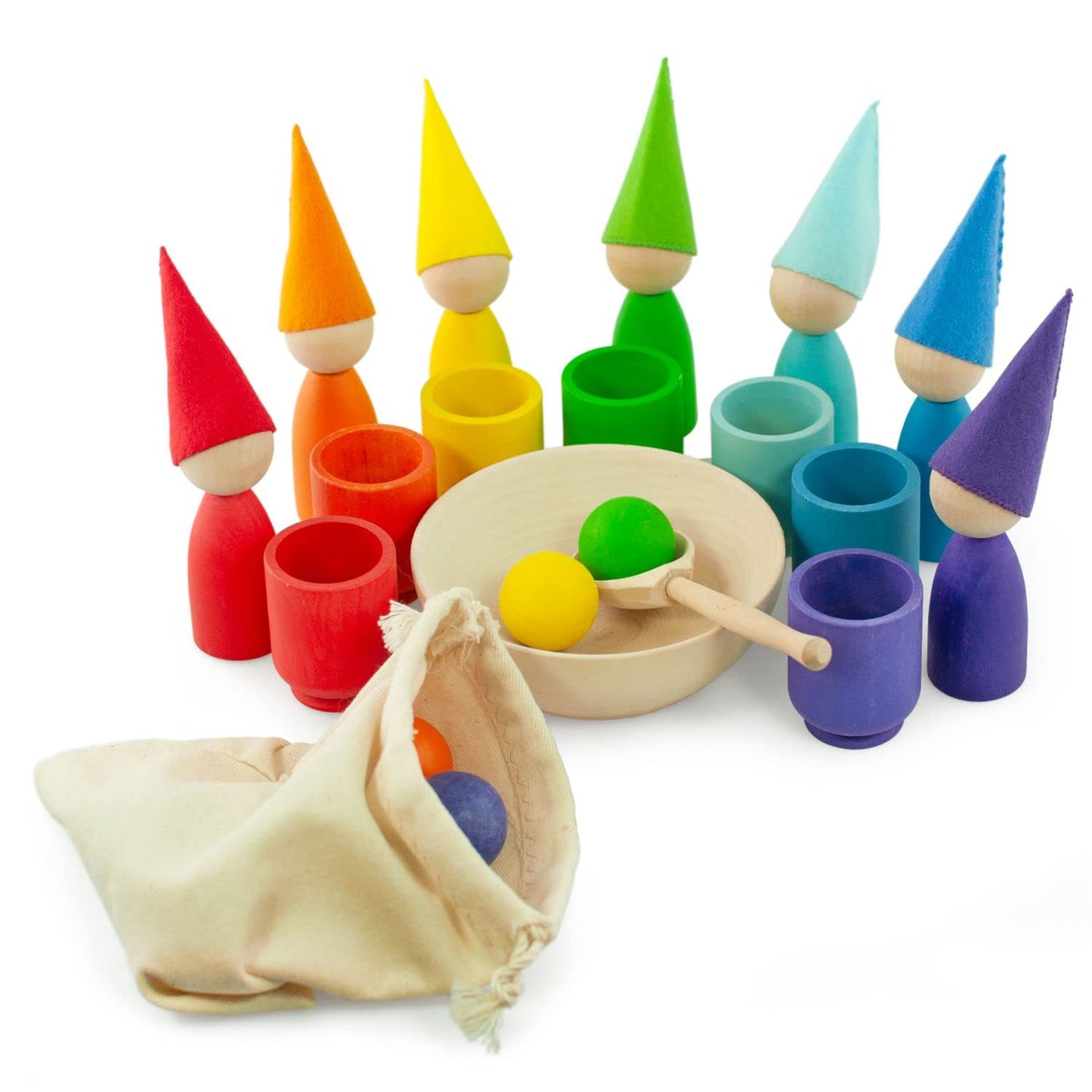 Rainbow Large Peg Dolls and Small Balls in Cups - 7 Gnomes