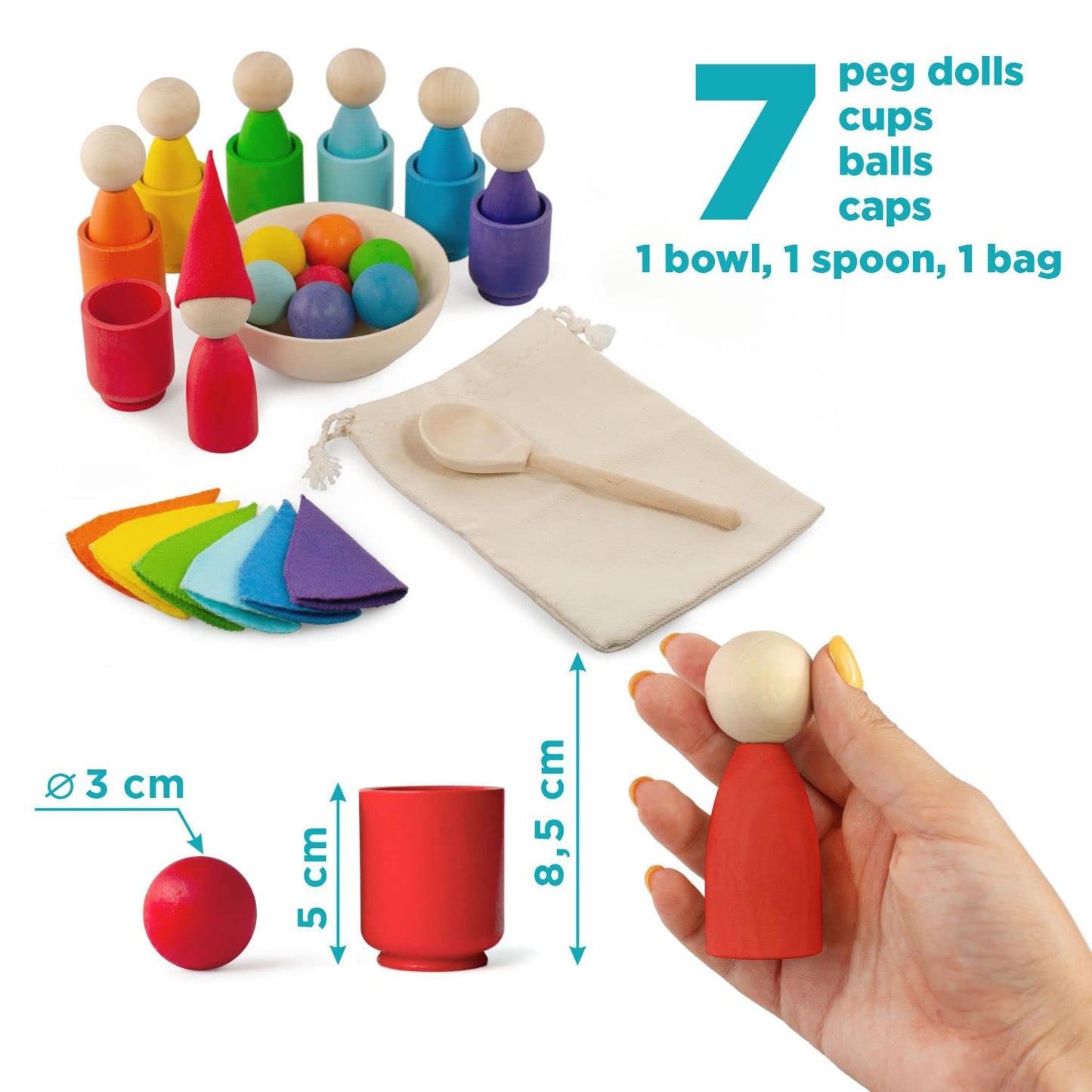 Rainbow Large Peg Dolls and Small Balls in Cups - 7 Gnomes