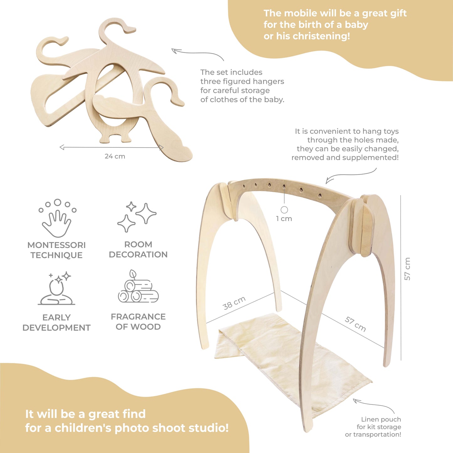 Children's wooden clothes rack + 3 children's hangers