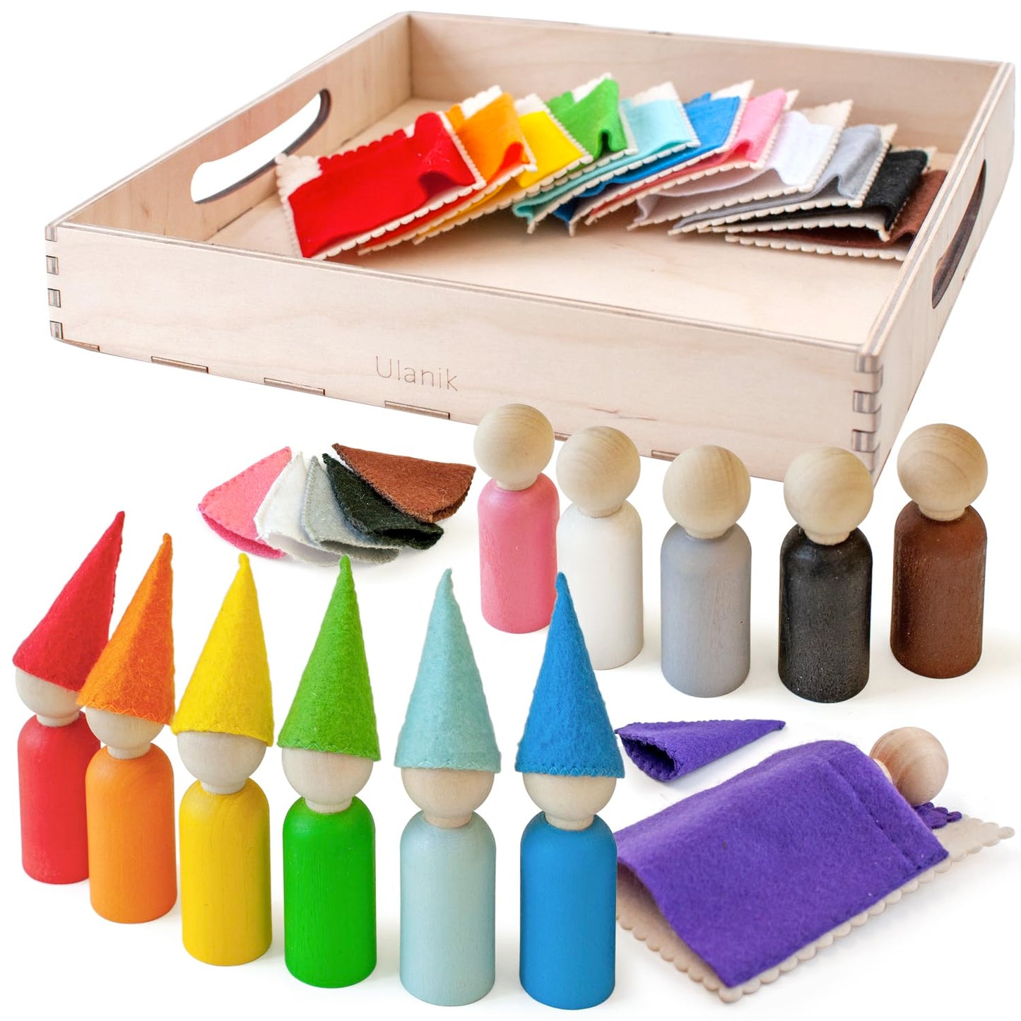 Small Peg Dolls with Hats and Beds - 12 Gnomes