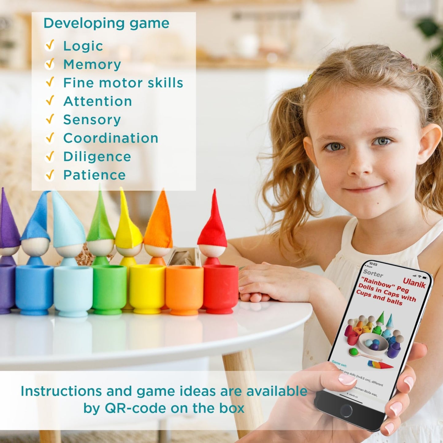 Rainbow Large Peg Dolls and Small Balls in Cups - 7 Gnomes