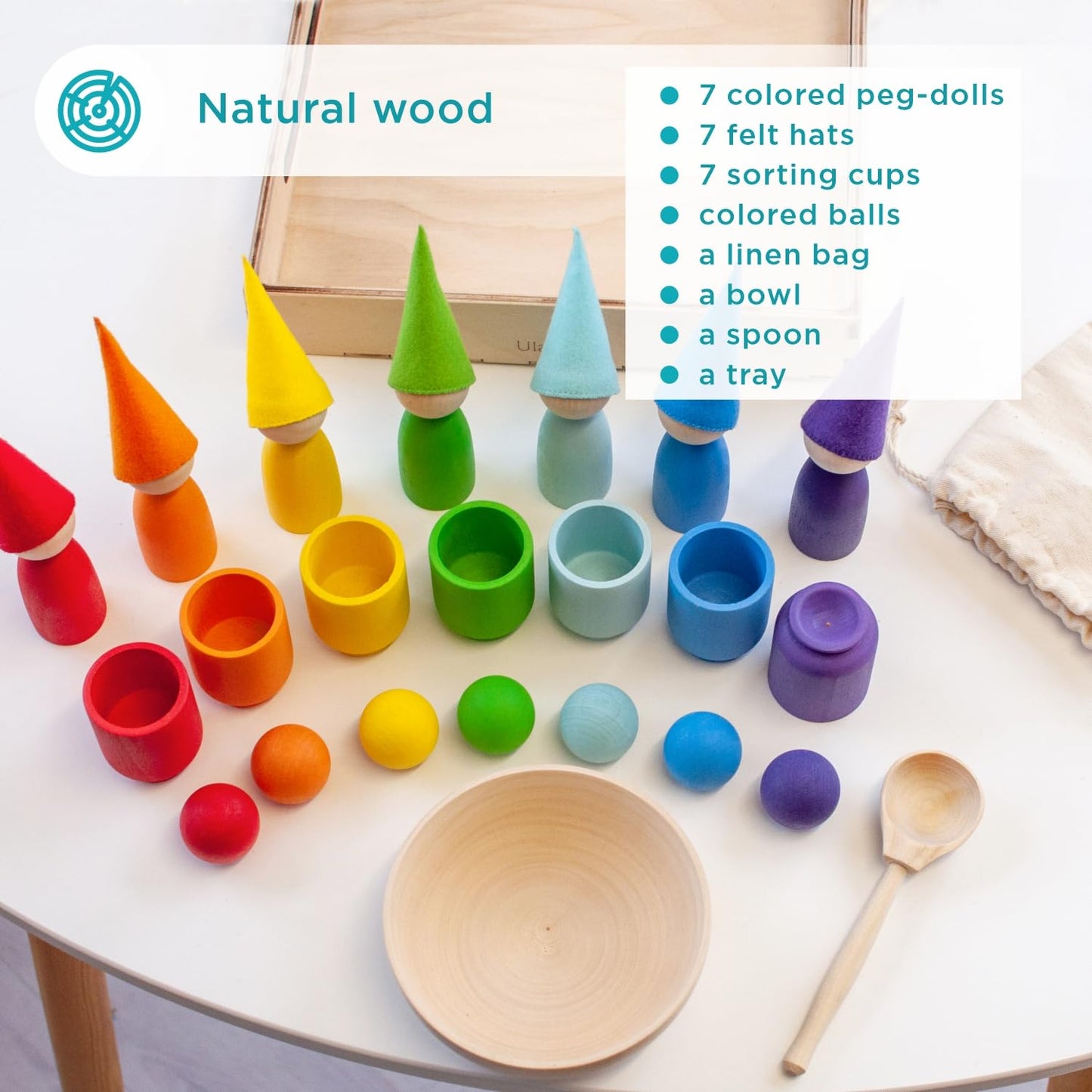 Rainbow Large Peg Dolls and Small Balls in Cups - 7 Gnomes