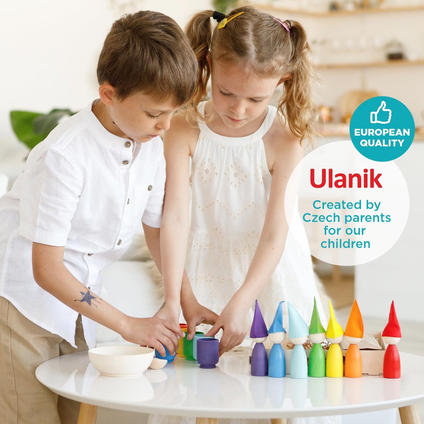 Rainbow Large Peg Dolls and Small Balls in Cups - 7 Gnomes