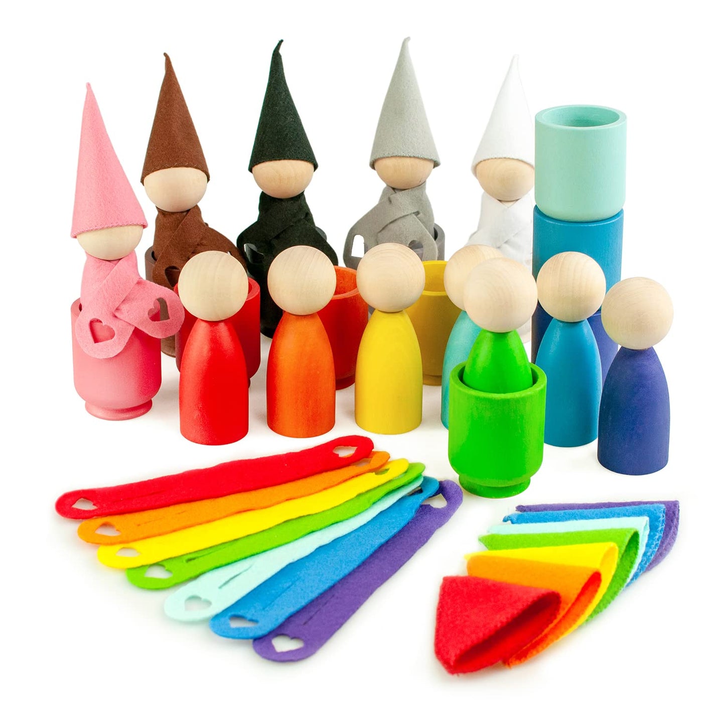 Large Peg Dolls in Cups with Hats and Scarfs - 12 Gnomes