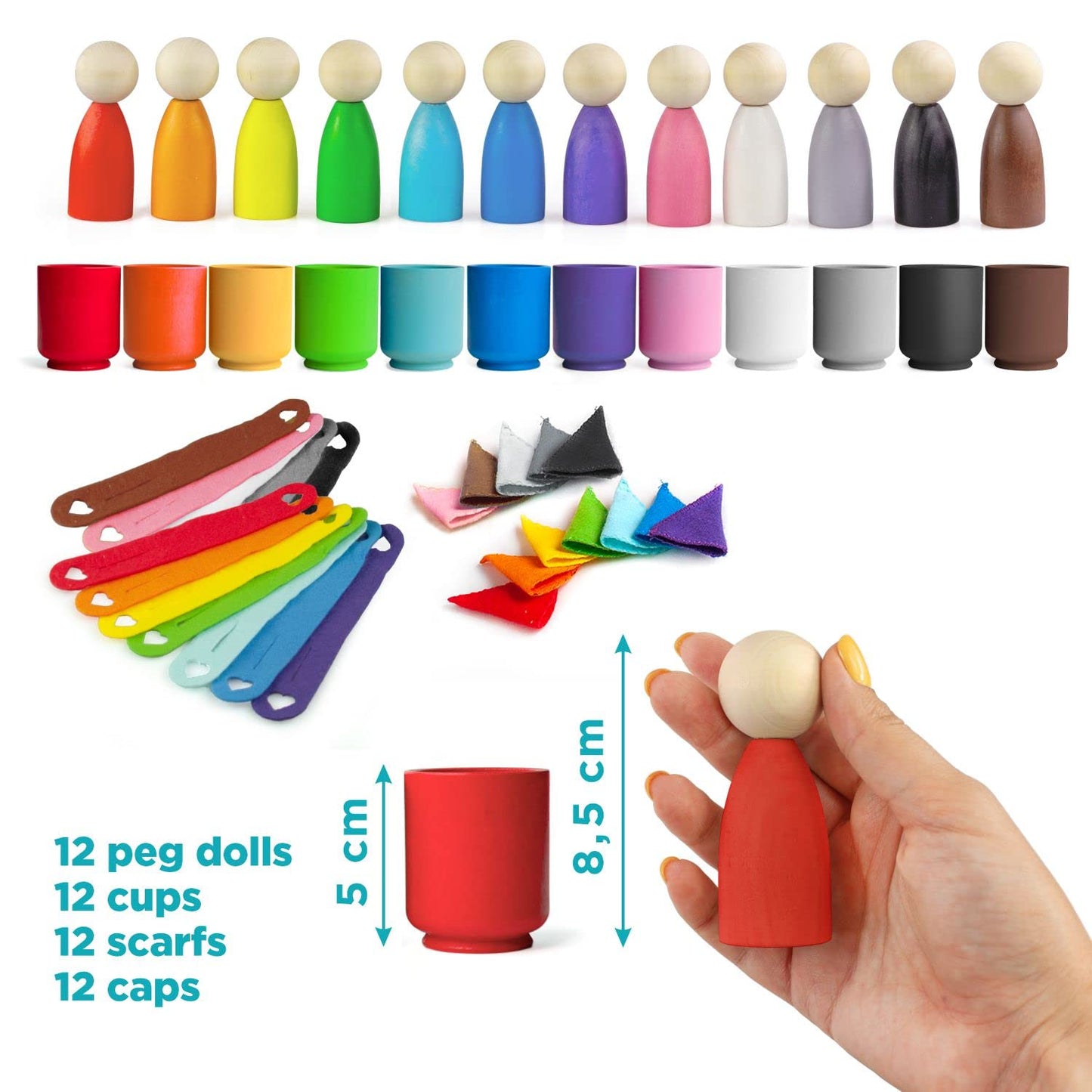 Large Peg Dolls in Cups with Hats and Scarfs - 12 Gnomes