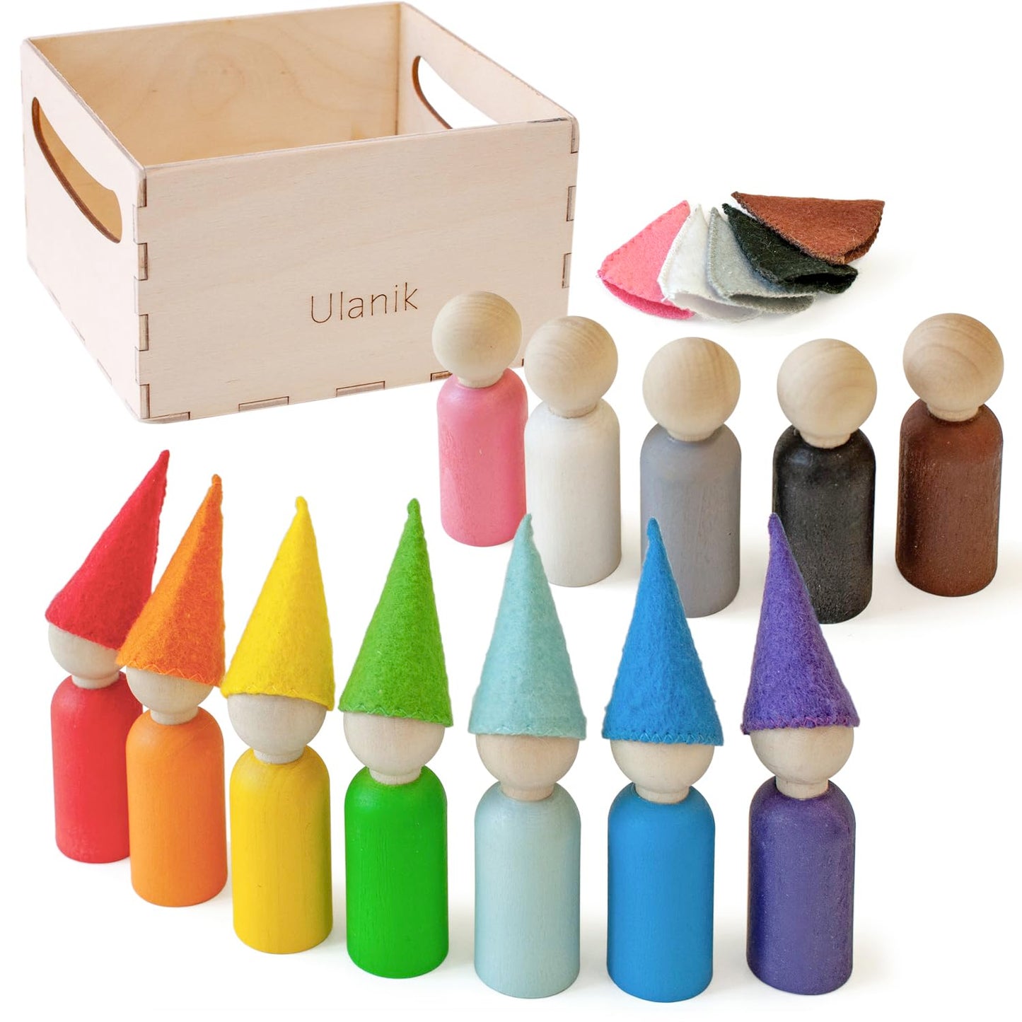 Small Peg Dolls with Hats - 12 Gnomes