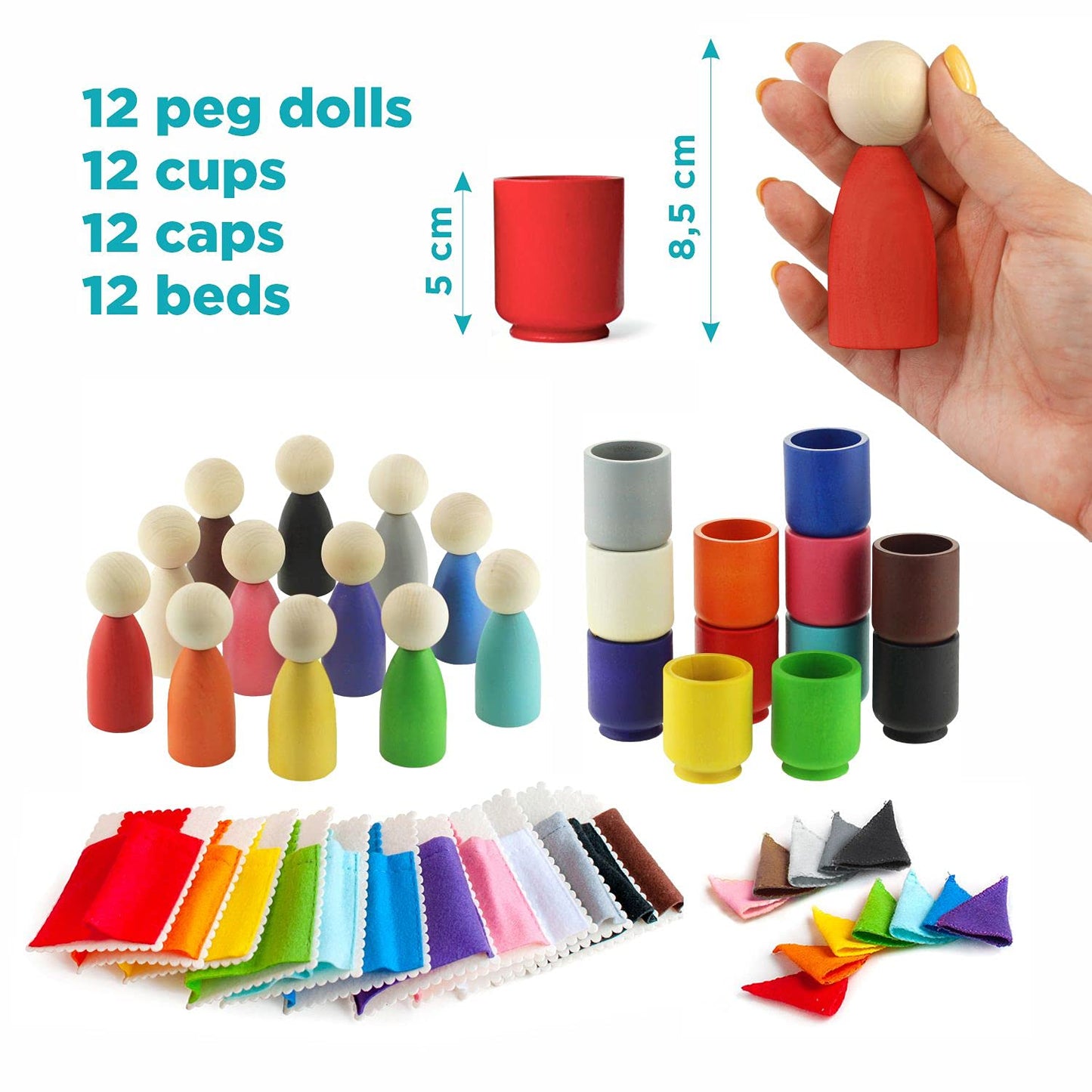 Large Peg Dolls in Cups with Hats & Beds - 12 Gnomes