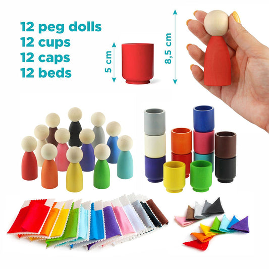 Peg Dolls in Cups with Hats & Beds 12 Colours 1+
