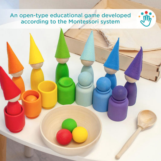 Rainbow Peg Dolls and Small Balls in Cups with Notches 7 Colours 3+