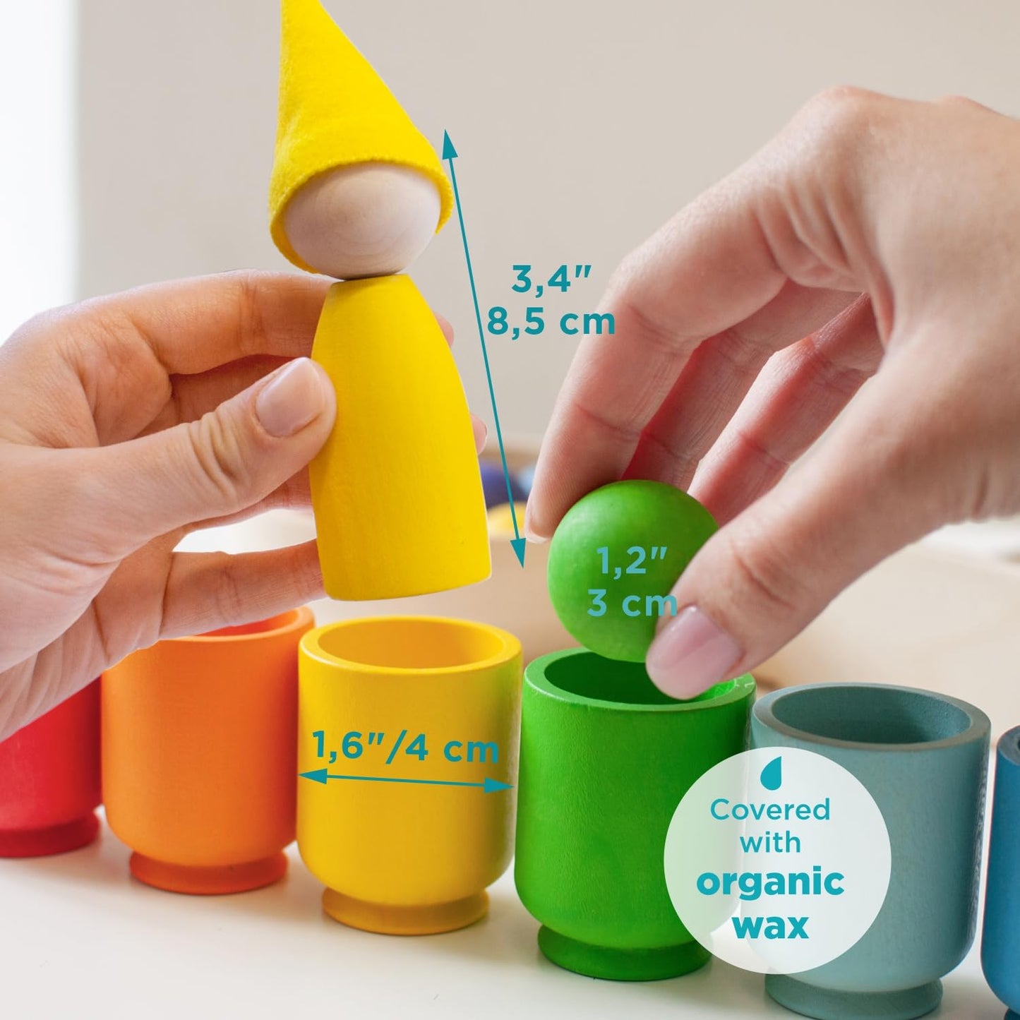 Rainbow Large Peg Dolls and Small Balls in Cups - 7 Gnomes