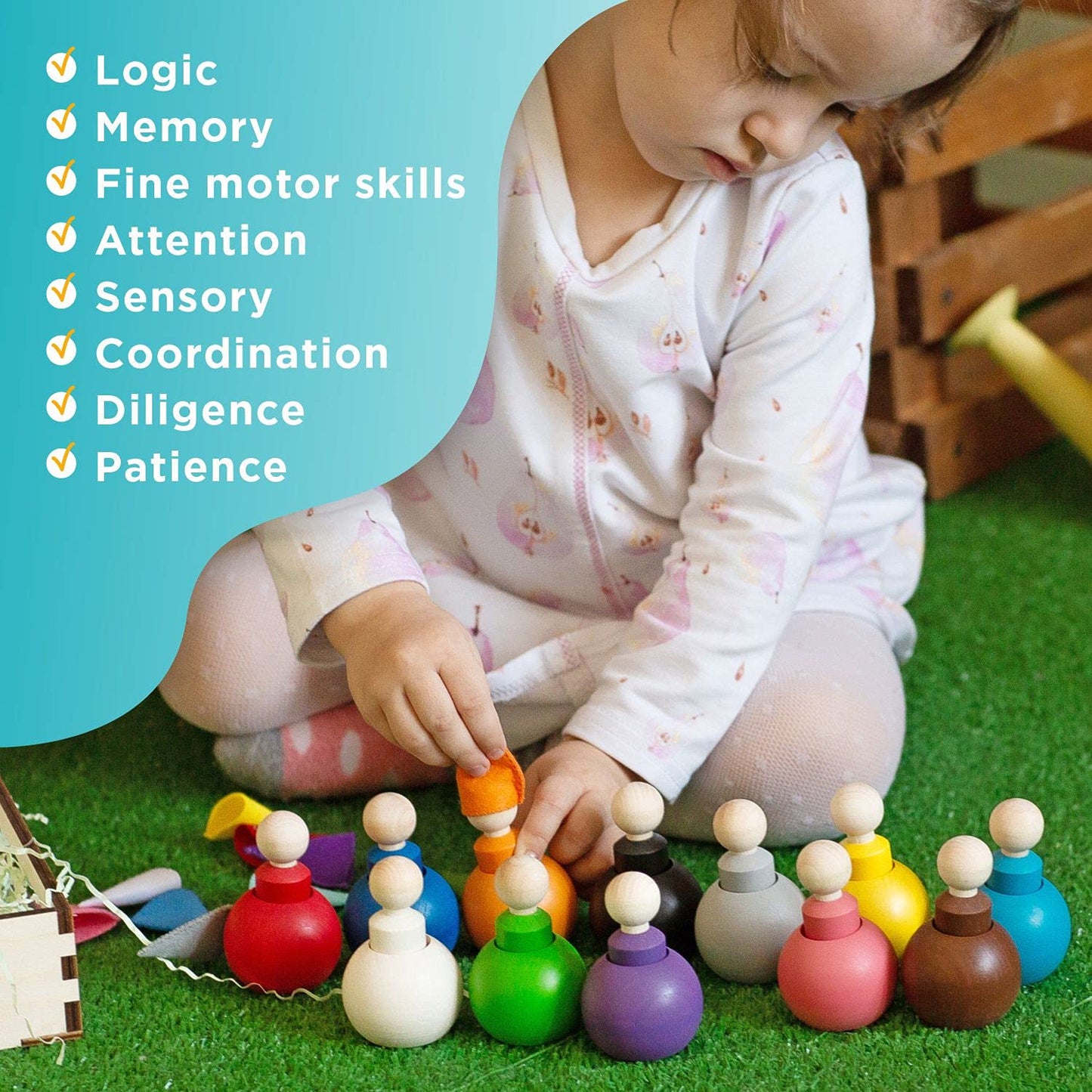 Small Peg Dolls in Balls with Hats & Beds - 12 Gnomes