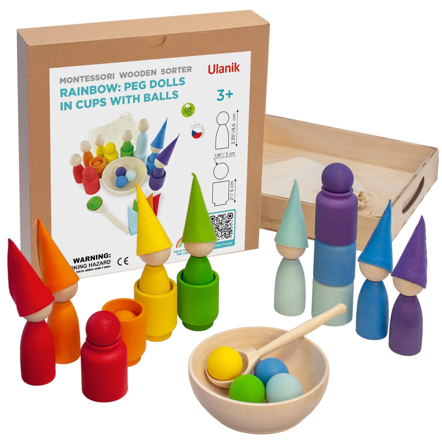 Rainbow Large Peg Dolls and Small Balls in Cups - 7 Gnomes
