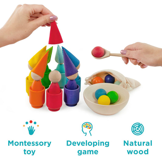 Rainbow Peg Dolls and Small Balls in Cups with Flat Bottoms 7 Colours 3+