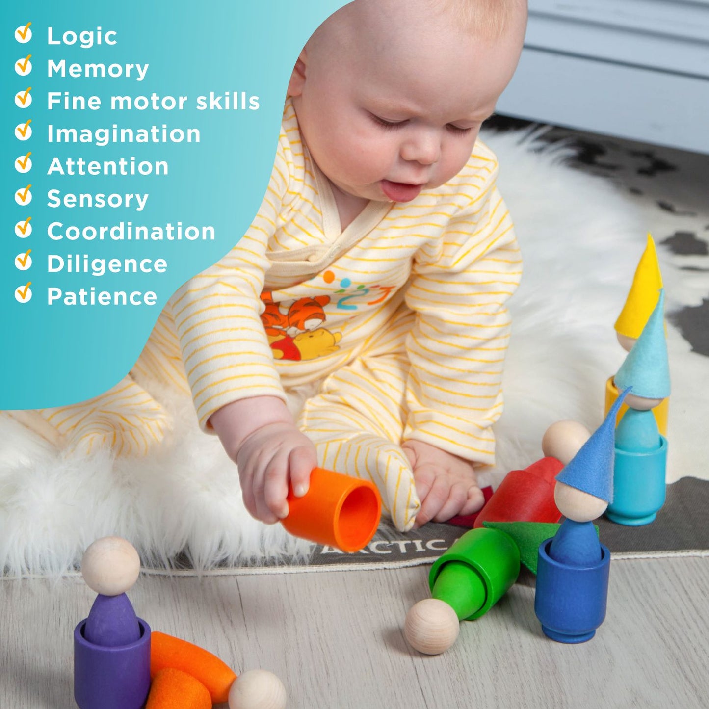 Rainbow Large Peg Dolls and Small Balls in Cups - 7 Gnomes (1 Edition)