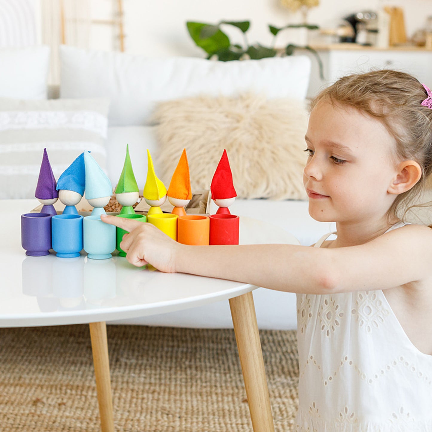 Rainbow Large Peg Dolls and Small Balls in Cups - 7 Gnomes (1 Edition)