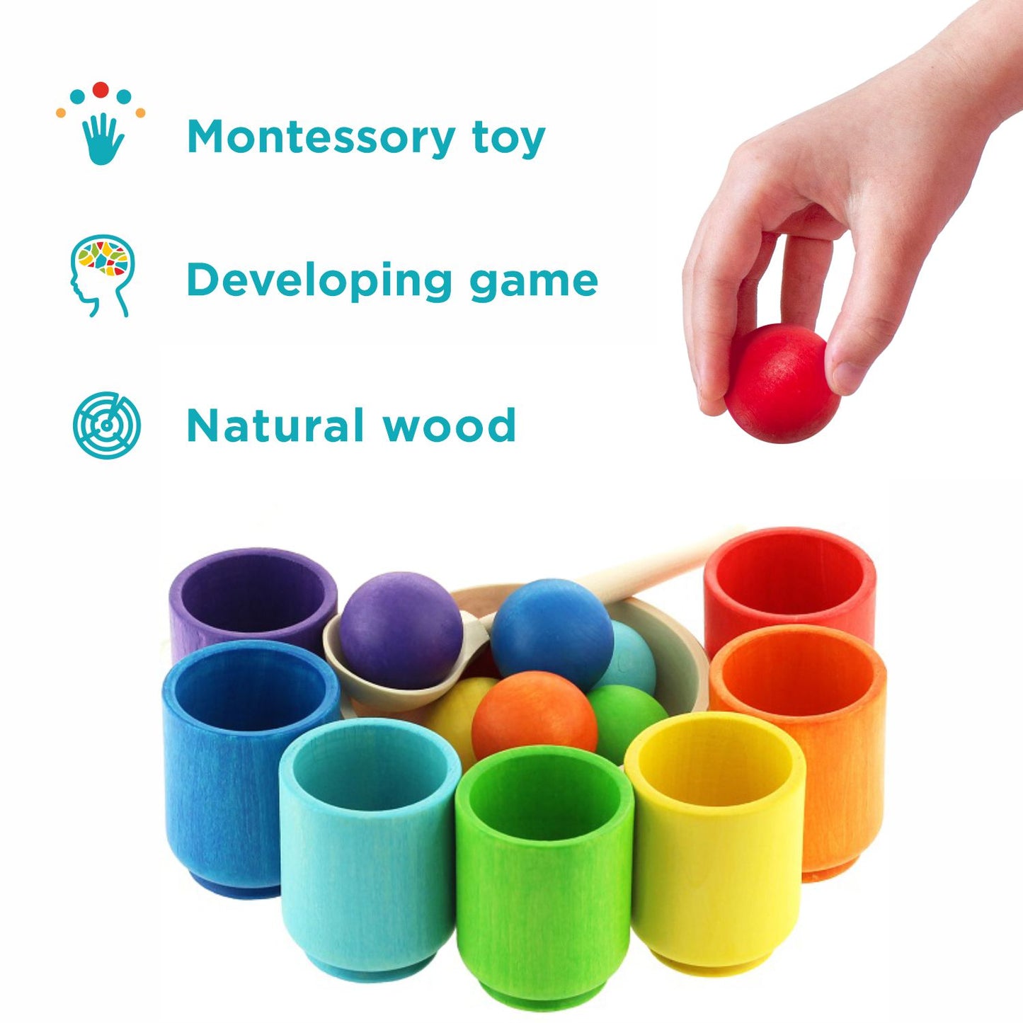 Rainbow Balls in Cups 7 Balls 3,5 cm Montessori Wooden Game
