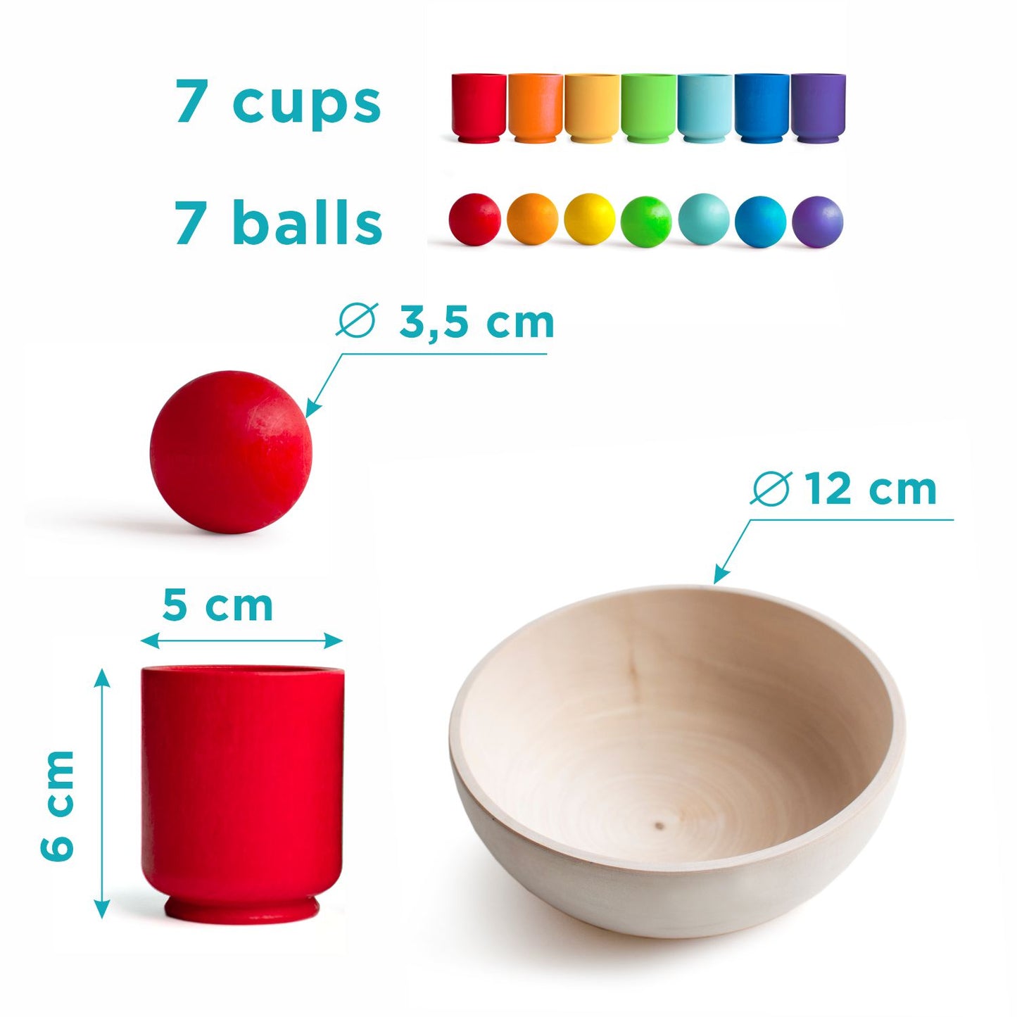 Rainbow Balls in Cups 7 Balls 3,5 cm Montessori Wooden Game