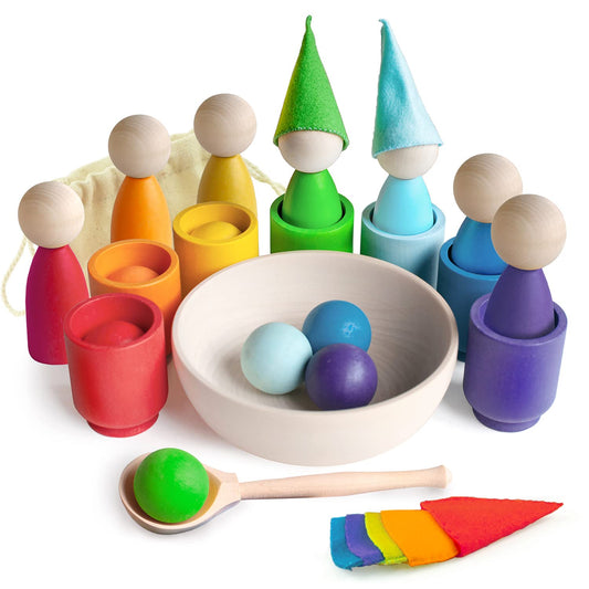 Rainbow Large Peg Dolls and Small Balls in Cups - 7 Gnomes