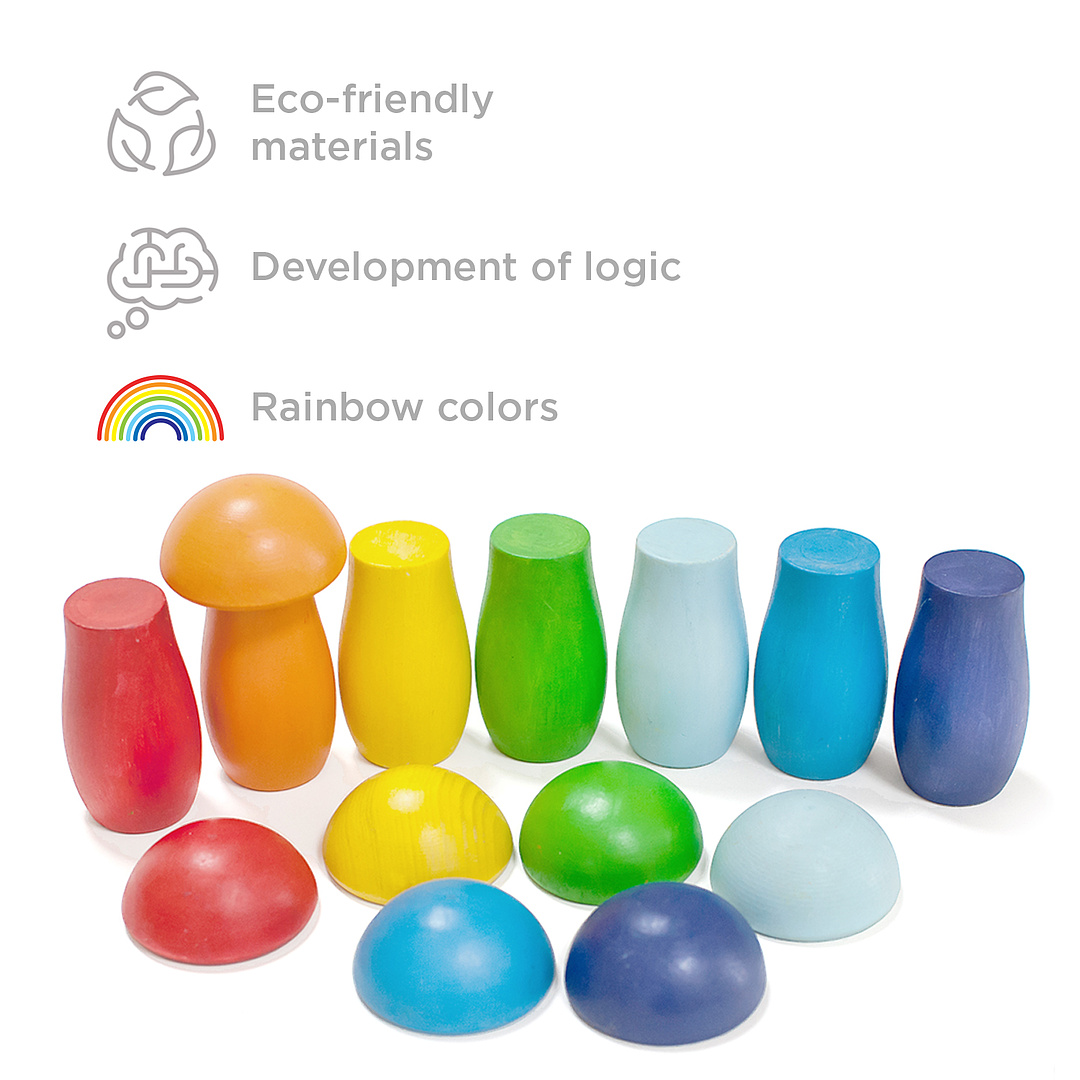Rainbow Mushrooms Montessori Toy Wooden Sorter Game 7 Mushrooms 113 mm
