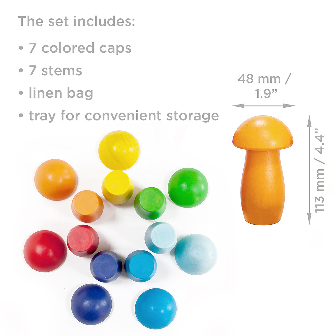 Rainbow Mushrooms Montessori Toy Wooden Sorter Game 7 Mushrooms 113 mm