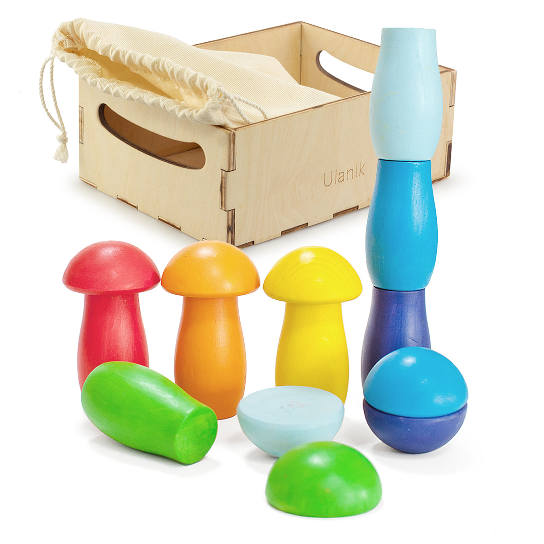 Rainbow Mushrooms Montessori Toy Wooden Sorter Game 7 Mushrooms 113 mm