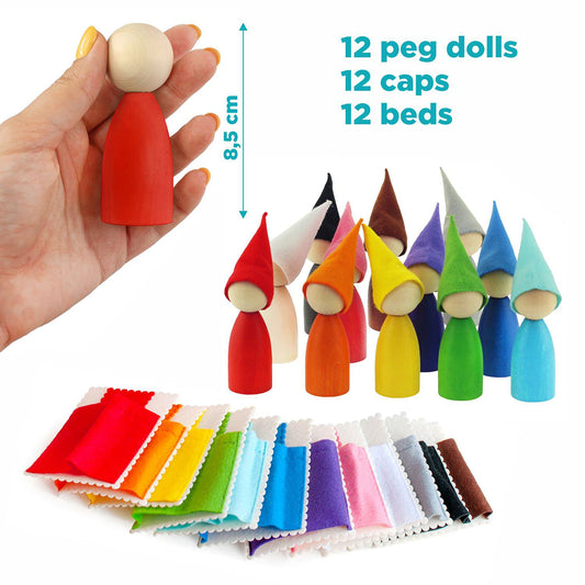 Large Peg Dolls with Hats and Beds - 12 Gnomes 85 mm