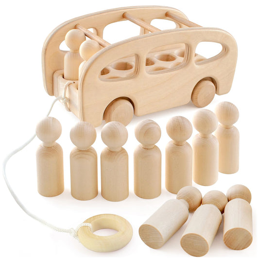 Small Peg Dolls in Bus Pull Along Toy - 12 Gnomes