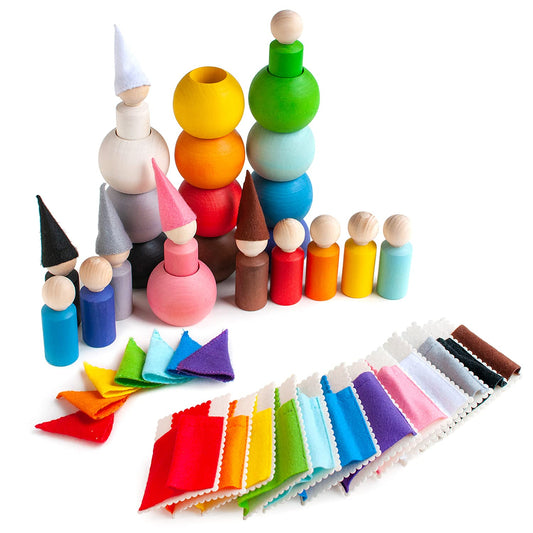 Small Peg Dolls in Balls with Hats & Beds - 12 Gnomes
