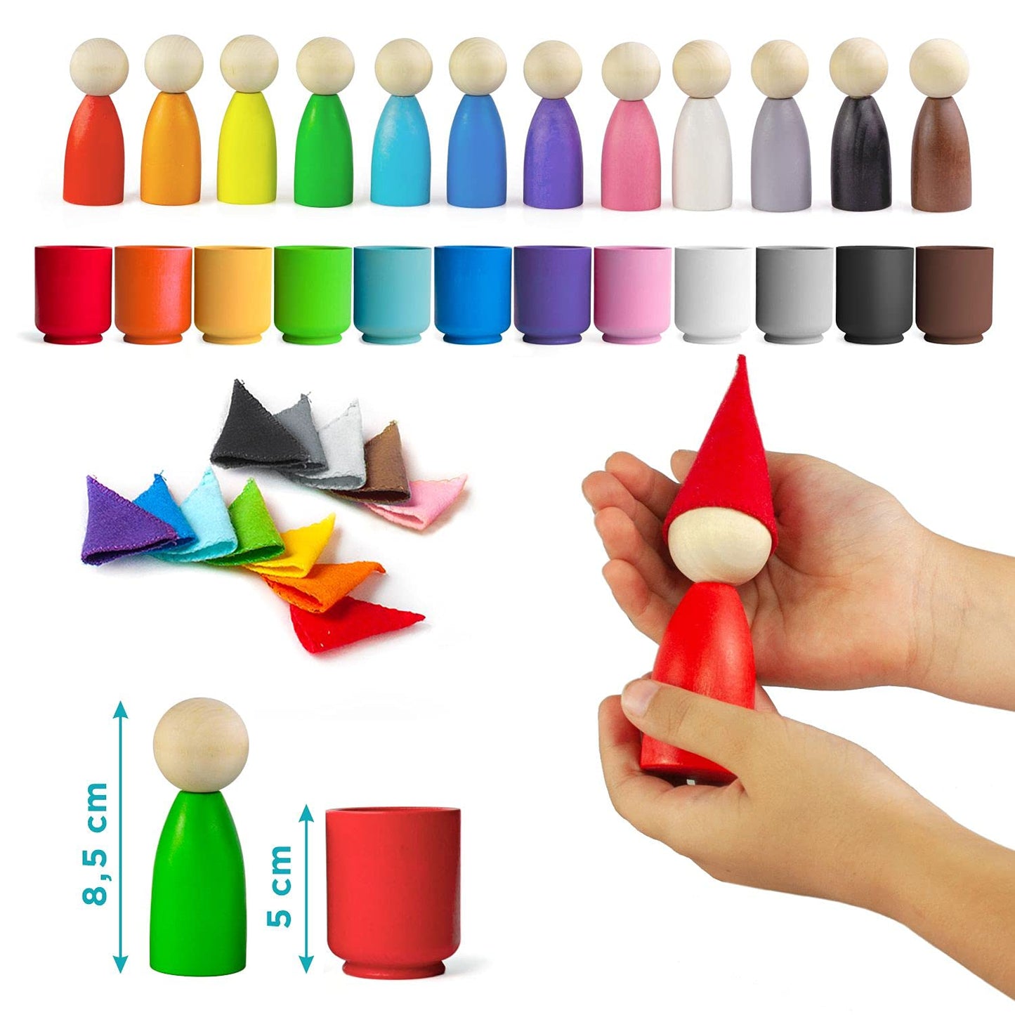 Large Peg Dolls in Cups with Hats - 12 Gnomes