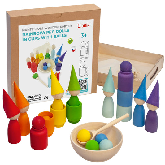 Rainbow Large Peg Dolls and Small Balls in Cups - 7 Gnomes (2 Edition)